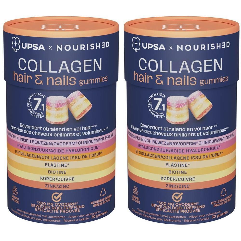 Zwei Dosen Upsa Nourished Collagen Haare & Nägel Gummis. Jede Dose zeigt zwei Gummibärchen.
