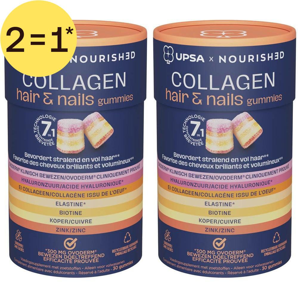 Deux boîtes de gummies Upsa Nourished Collagen Cheveux & Ongles. Chaque boîte montre deux gummies.