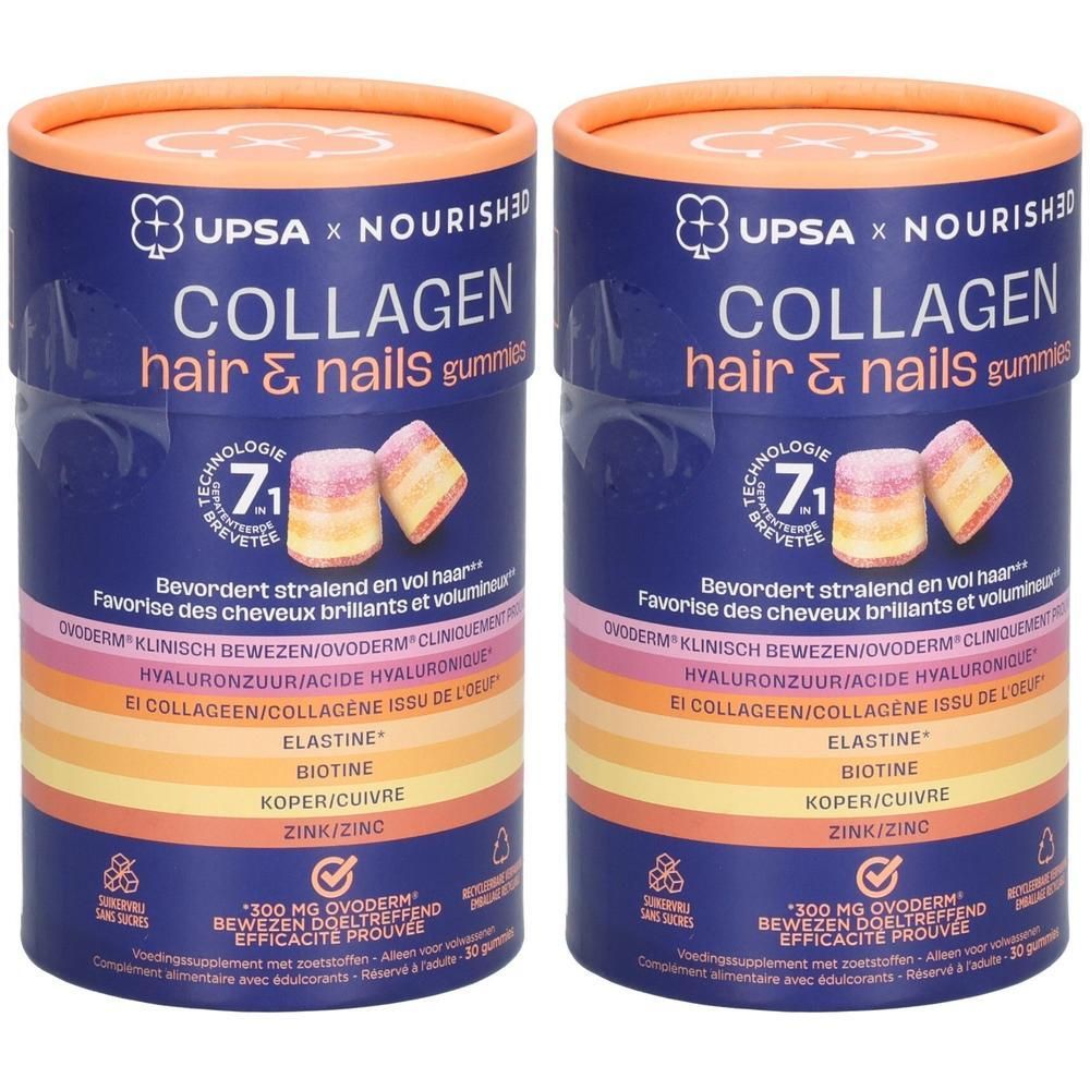 Deux boîtes rondes de gummies Upsa Nourished Collagen pour cheveux et ongles. Les boîtes sont bleues avec des couvercles orange et affichent des informations produit et des images de gummies.