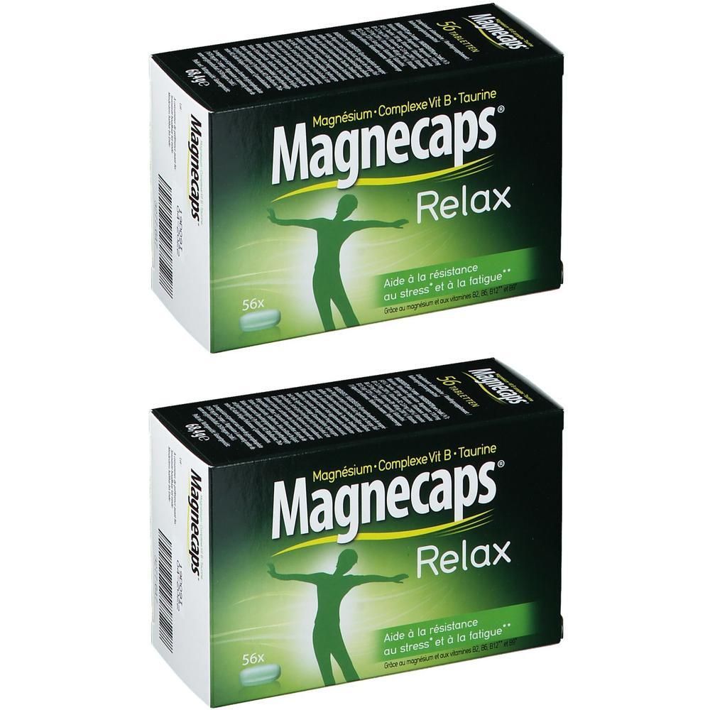 Zwei Packungen Magnecaps® Relax mit je 56 Kapseln. Grüne Verpackung mit stilisiertem Mann.
