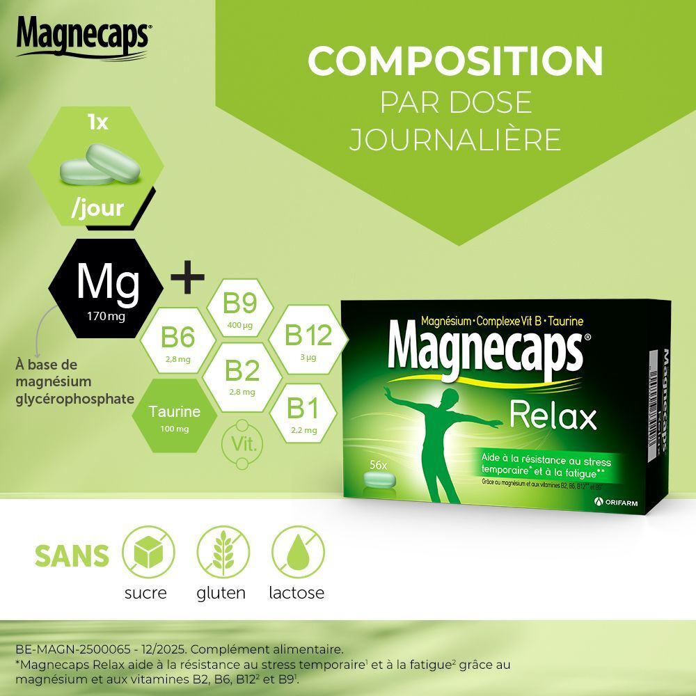 Boîte Magnecaps® Relax 56 capsules, Magnésium-Vit B-Complexe-Taurine.