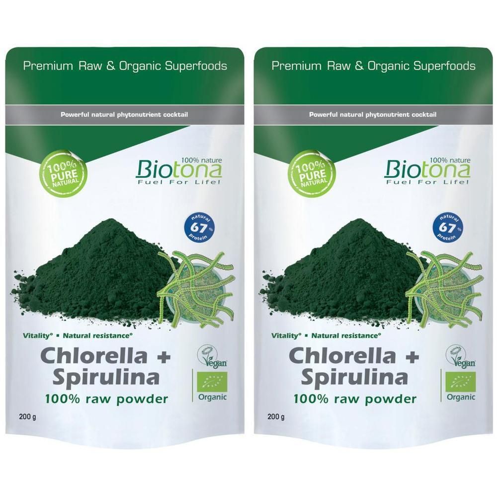 Deux sachets Biotona Bio Chlorella + Spirulina 100% poudre brute, 200g. Vitalité, Résistance naturelle, Vegan, Bio.