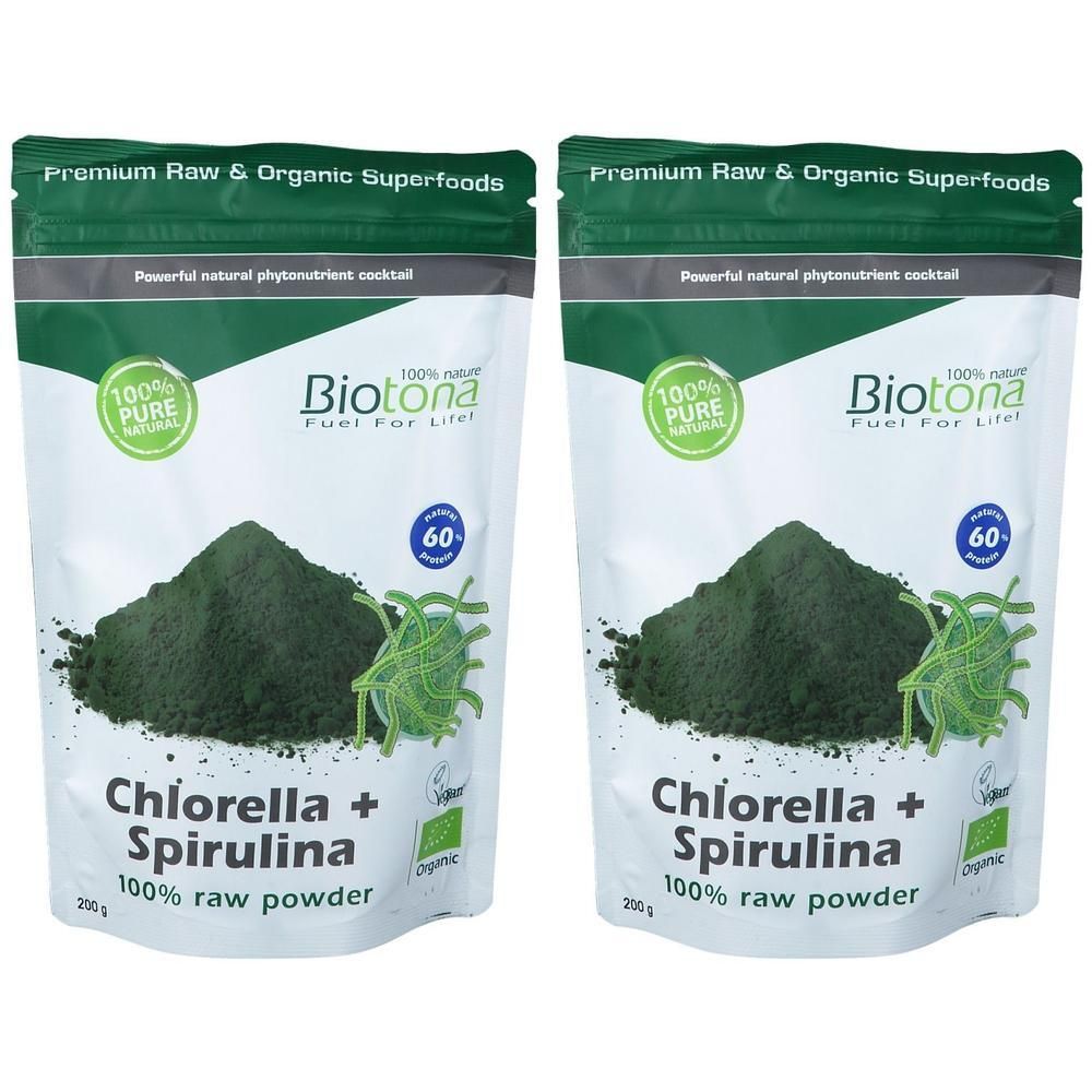 Deux sachets Biotona Bio Chlorella + Spirulina 100% poudre brute, 250g. Superaliments crus et bio.