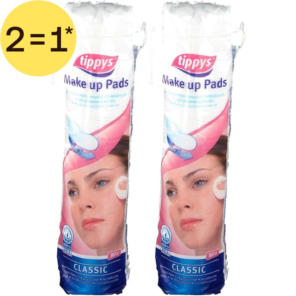 Deux paquets de Tippys Make-up Pads Classic, 80 pièces chacun.