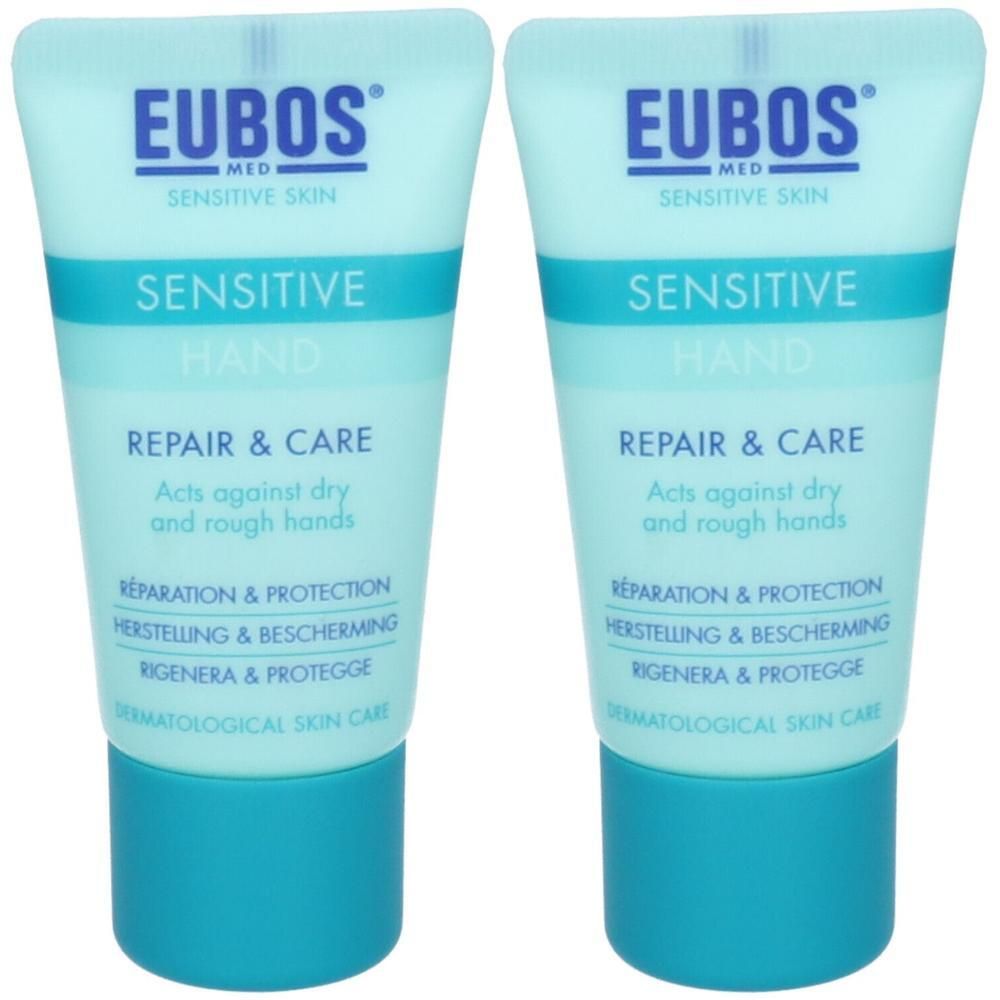 Deux tubes de crème réparatrice et protectrice EUBOS MED Sensitive Hand.