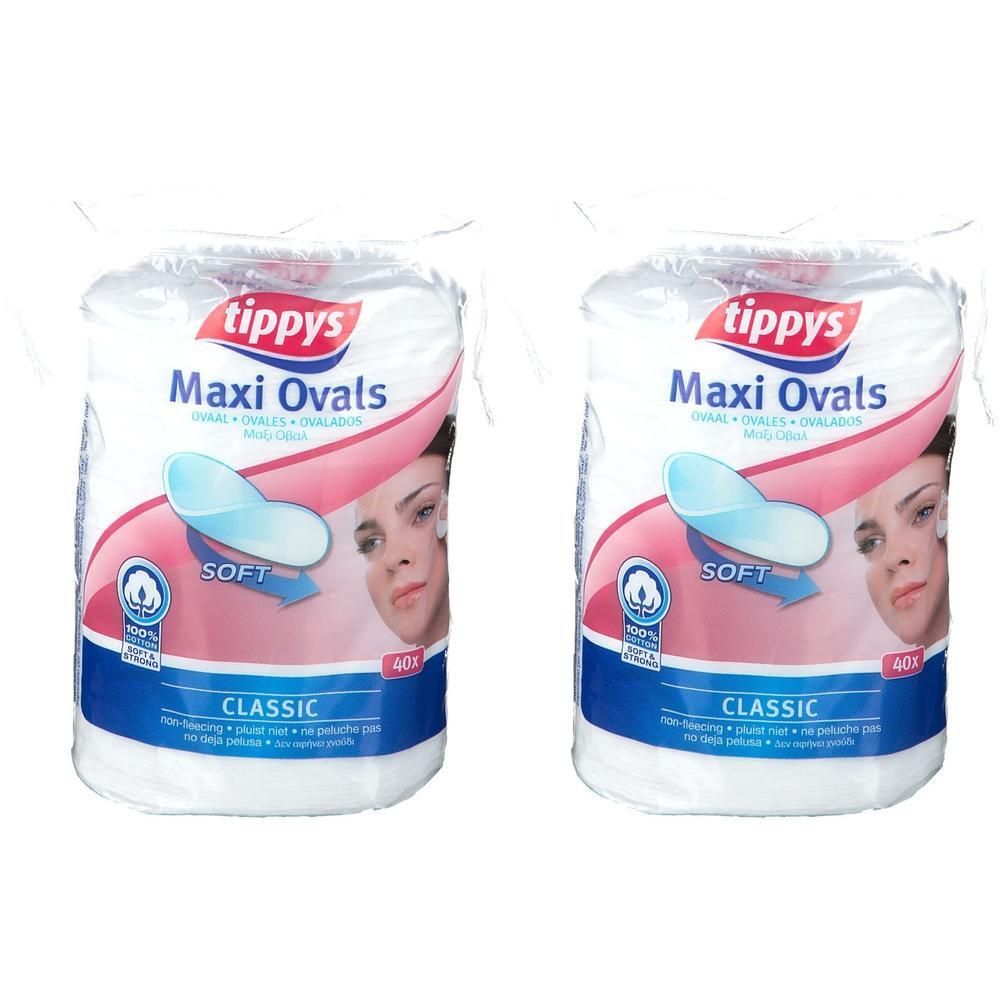 Zwei Packungen tippys Maxi Ovale Wattepads, Classic, 40 Stück pro Packung.