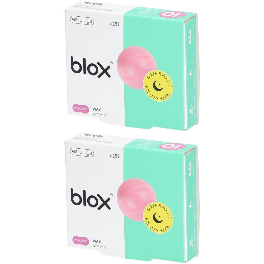 Deux paquets de bouchons d'oreilles Blox en cire naturelle, taille medium, 20 pièces chacun.