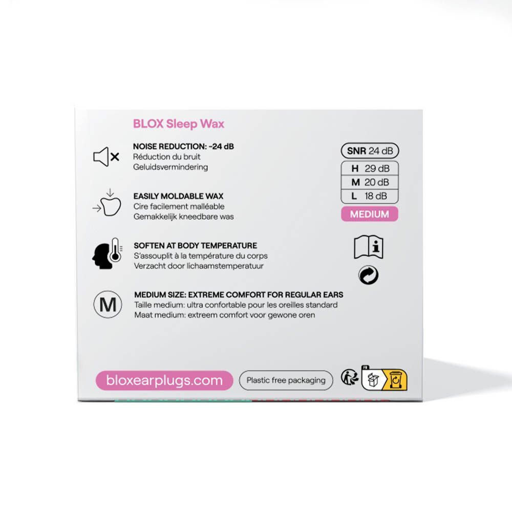 Rückseite einer Packung Blox Ohrstöpsel Naturwachs mit Informationen zu Lärmreduzierung und Größe medium.