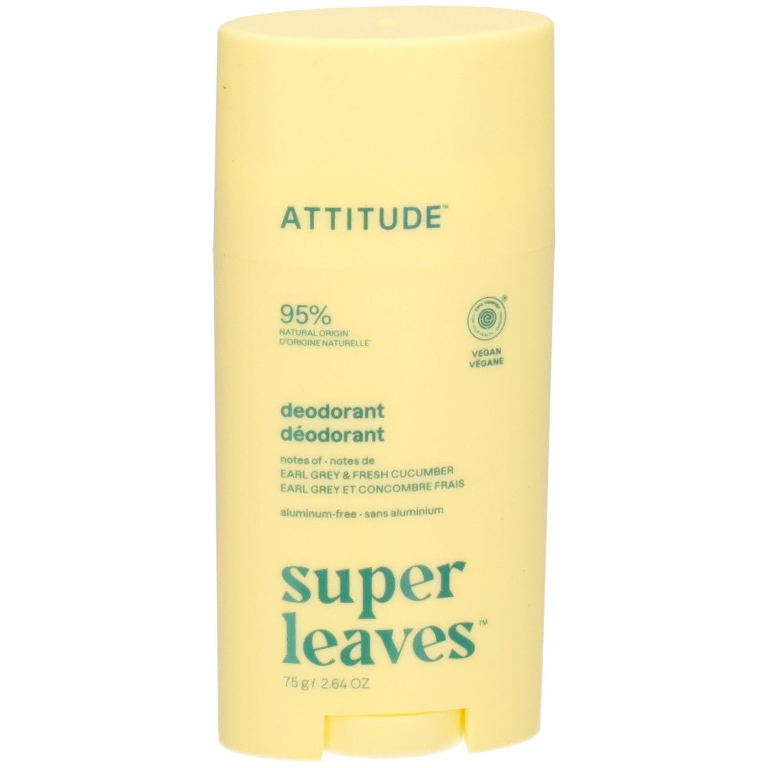 Gelber Deostick mit "ATTITUDE" und "super leaves" Aufschrift. Enthält 95% natürliche Inhaltsstoffe.