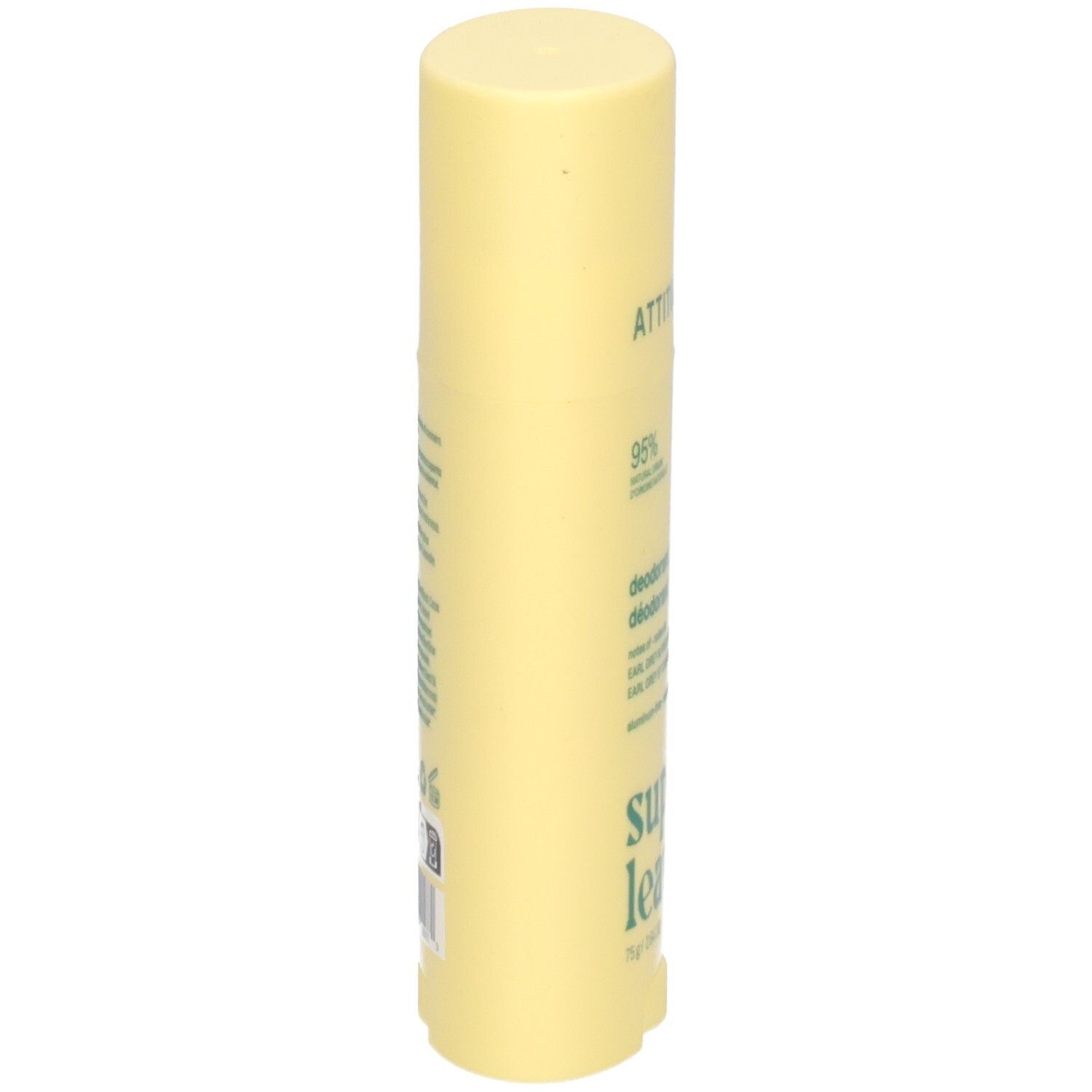 Helles gelbes Deostift mit grüner Beschriftung, die "super" und "le" zeigt. Enthält 95% natürliche Inhaltsstoffe.
