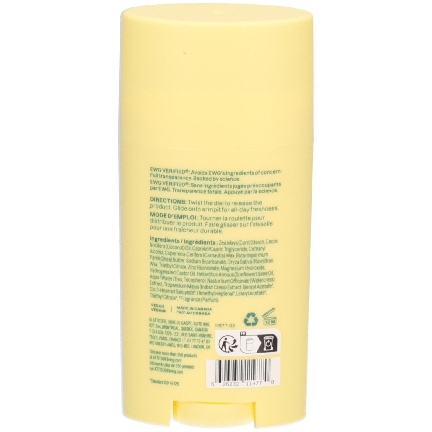 Helle gelbe Deostick-Verpackung mit Anweisungen und Inhaltsstoffen.