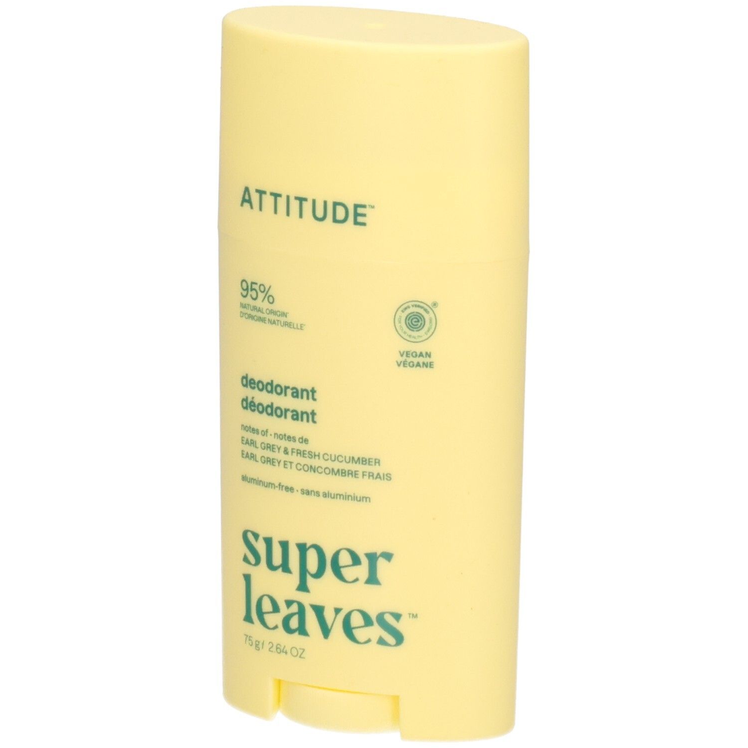 Gelber Deostick mit der Aufschrift 'ATTITUDE', '95% Natural Origin', 'deodorant', 'super leaves' und '75g 2.64 OZ'.