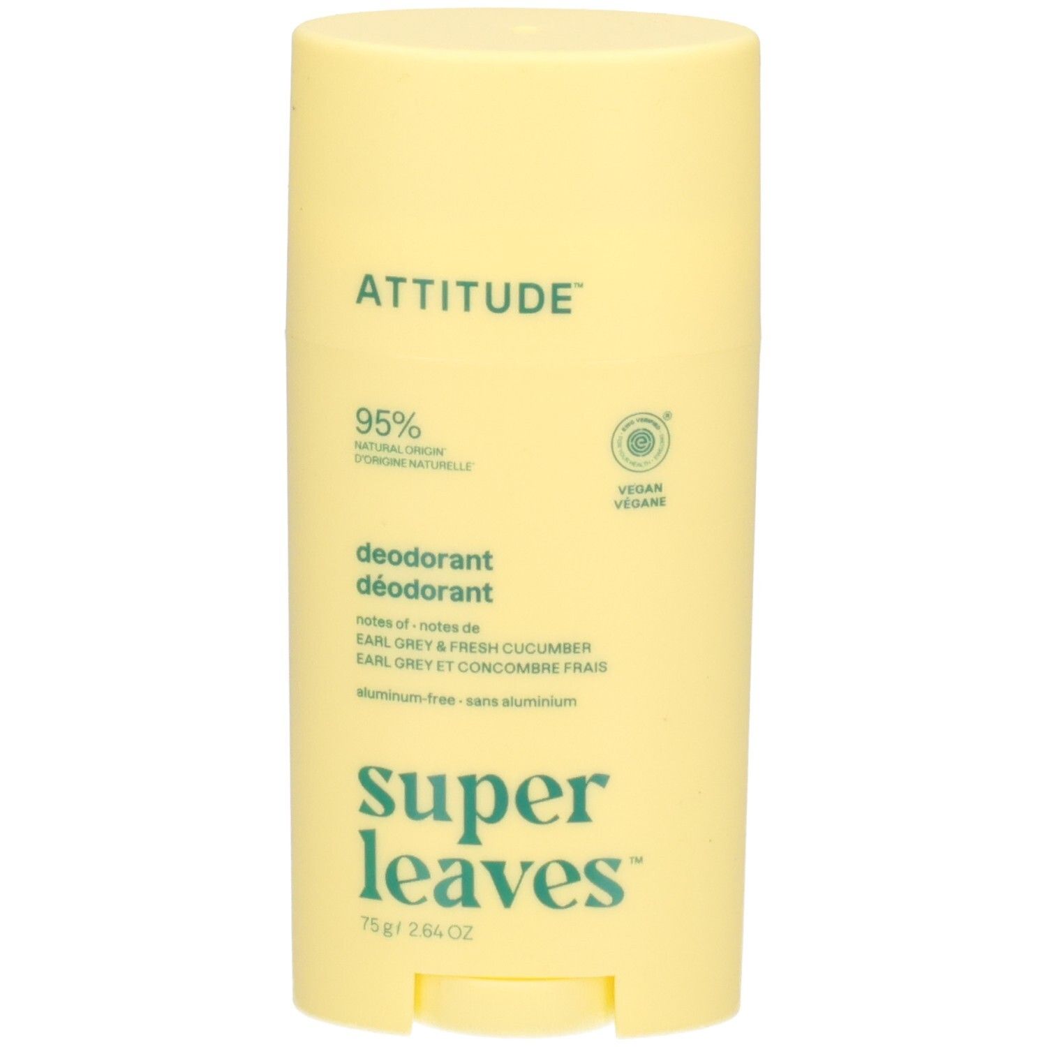 Gelber Deostick von ATTITUDE, 75g. Mit "super leaves" und "95% Natural Origin" Aufschrift. Vegan-Siegel.