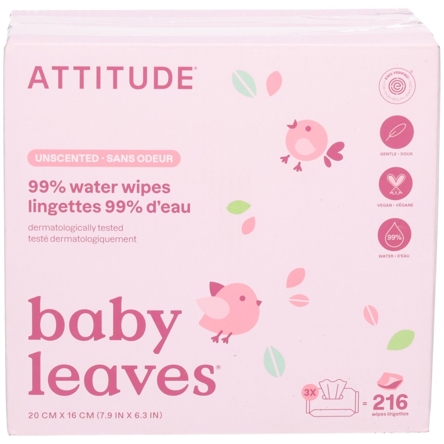 ATTITUDE Baby Leaves 99% Wasser-Tücher, Verpackung mit Siegeln und Produktmerkmalen.