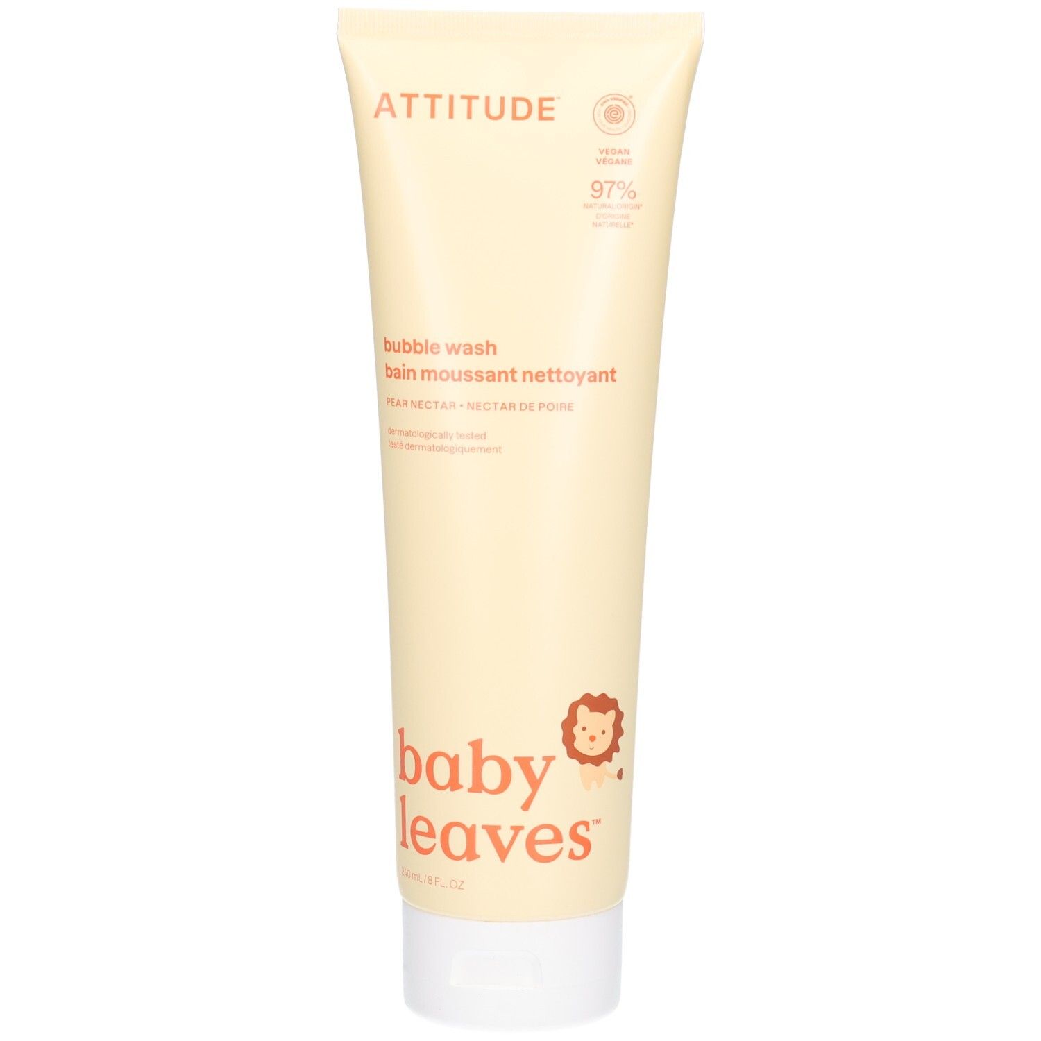 ATTITUDE Baby Leaves Nectar de Poire Schaumbad. Helle Creme-Tube mit weißem Verschluss. Logo mit Löwenkopf und "baby leaves" Schriftzug.