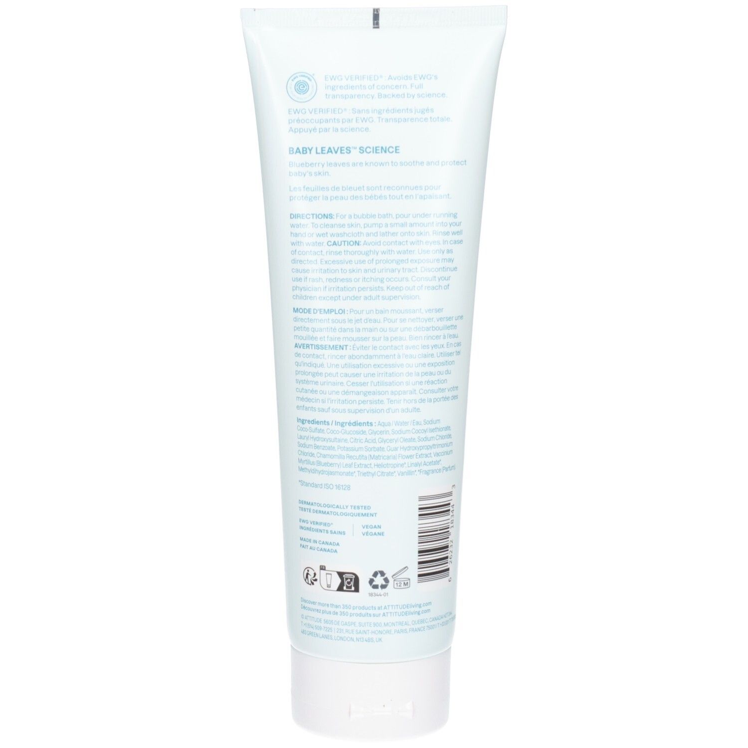 Weiße Tube mit blauem Aufdruck, Rückseite mit Anwendungshinweisen und Inhaltsstoffen.