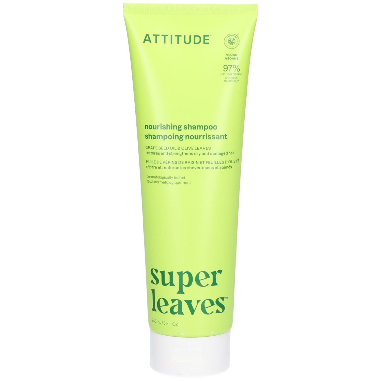 Helle grüne Tube mit ATTITUDE Nourishing Shampoo, 97% natürliche Inhaltsstoffe, vegan.