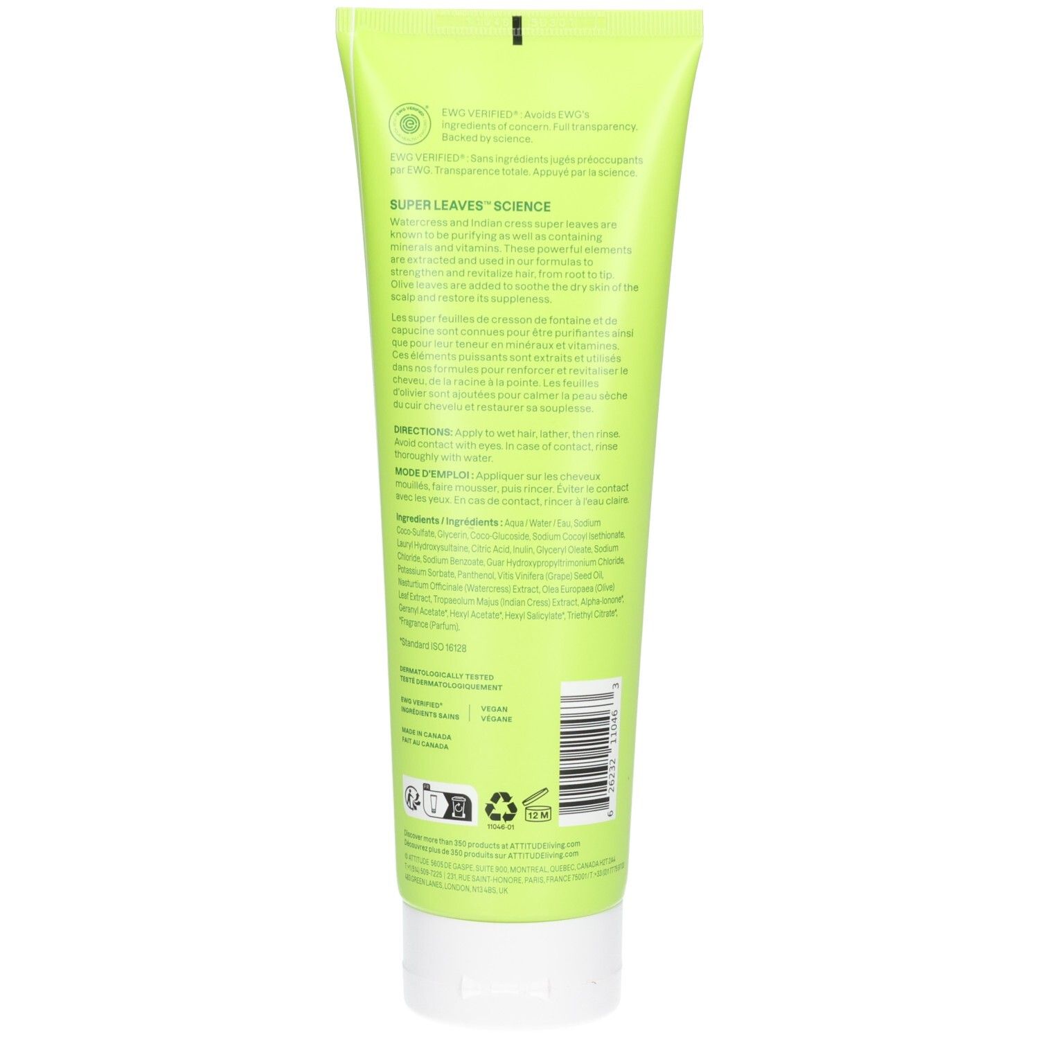 Hellgrüne Tube mit weißem Verschluss. Rückseite mit Produktinformationen und Barcode.