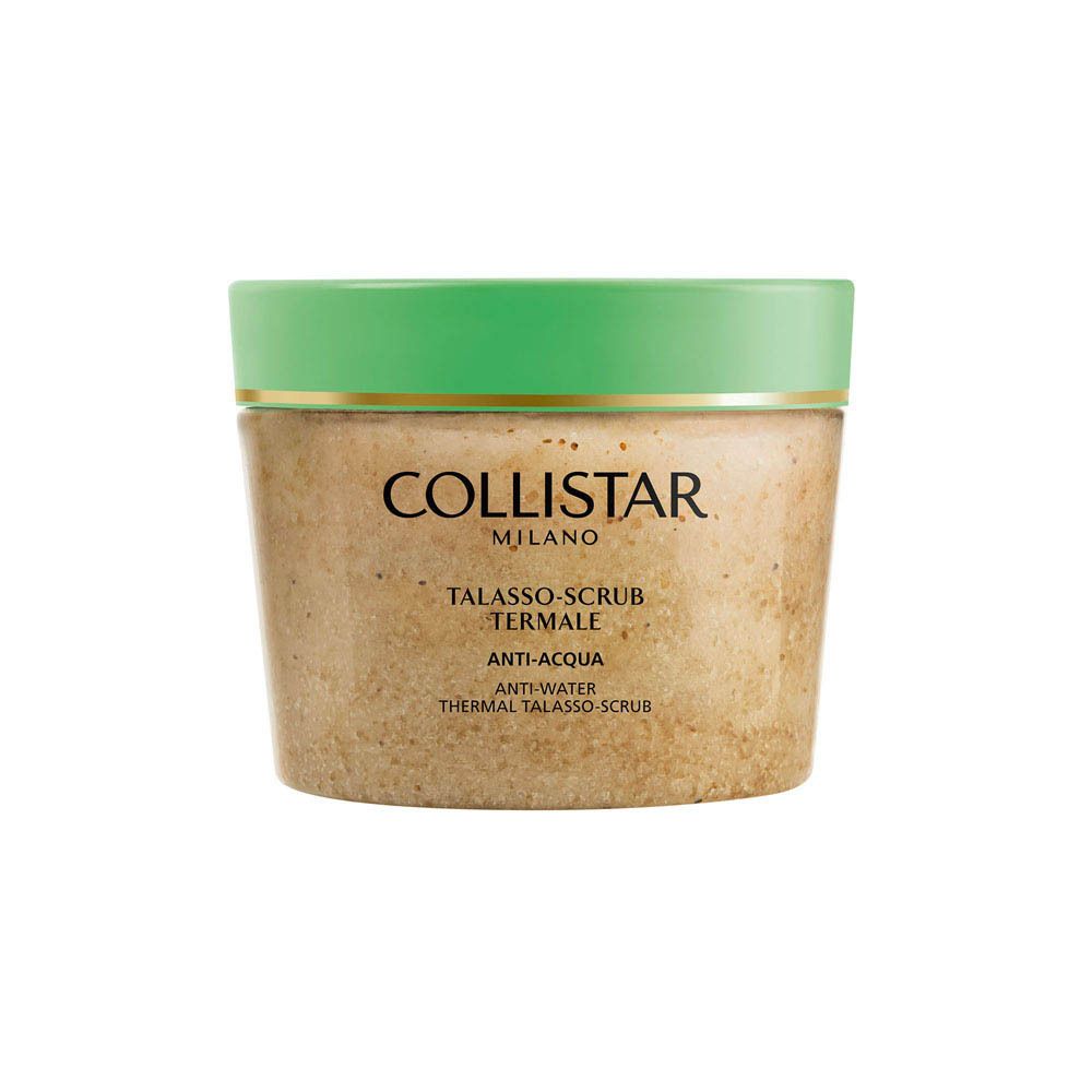 Pot avec couvercle vert. Inscription Collistar. Texte: Talasso-Scrub Termale Anti-Acqua.