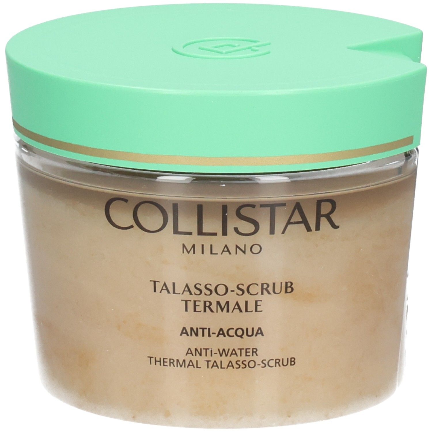 Behälter mit grünem Deckel. Aufschrift: Collistar. Produkttext: Talasso-Scrub Termale Anti-Acqua.