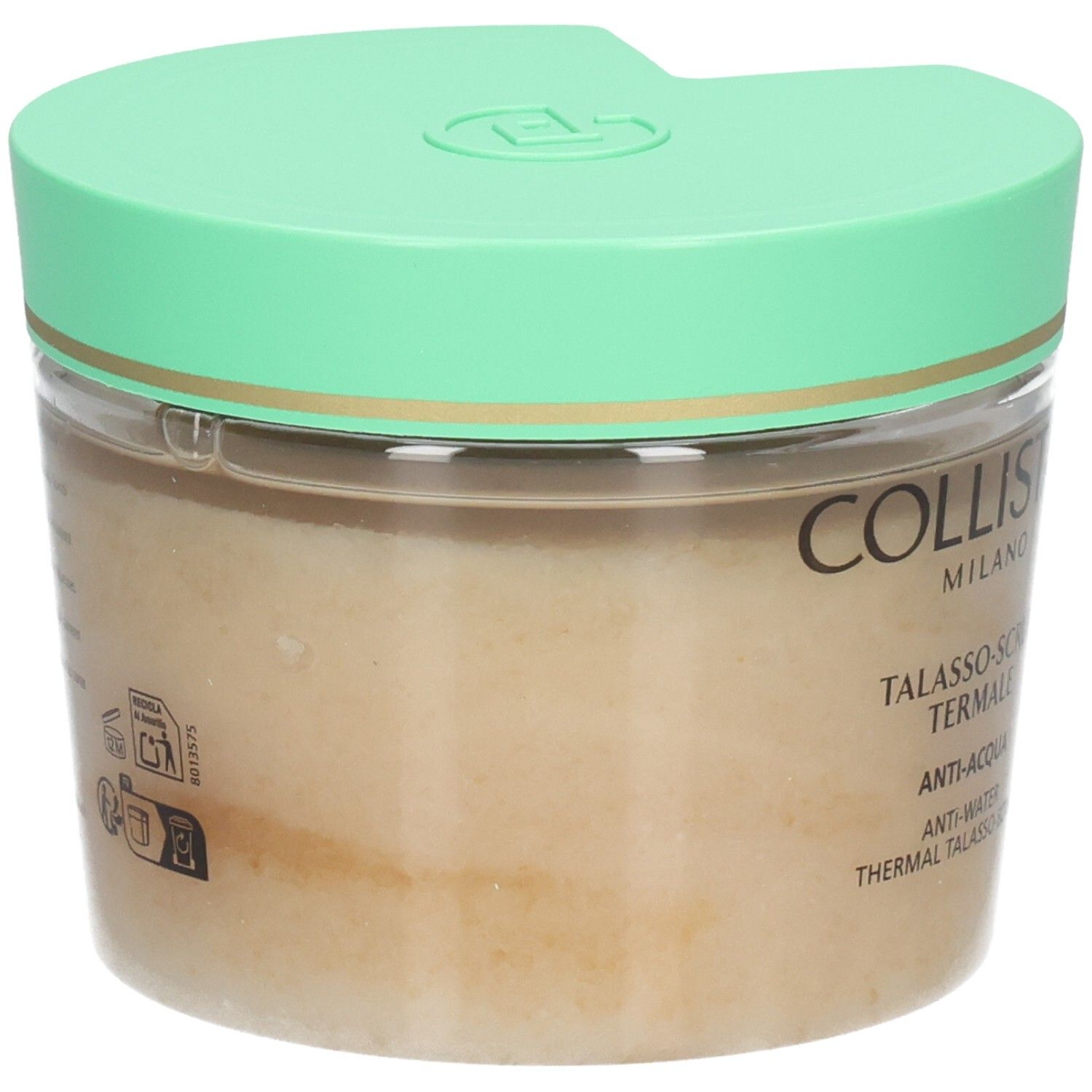 Behälter mit grünem Deckel. Aufschrift: Collistar. Produkttext: Talasso-Scrub Termale Anti-Acqua.