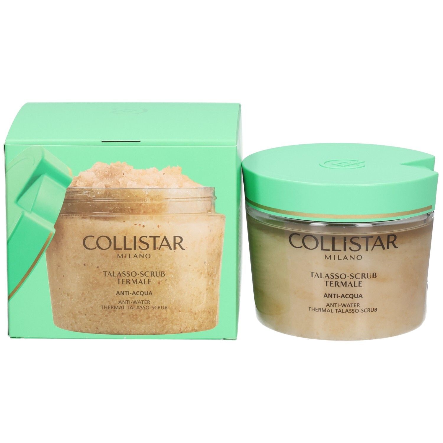 Produktverpackung mit Behälter und Deckel. Aufschrift: Collistar. Produkttext: Talasso-Scrub Termale Anti-Acqua.