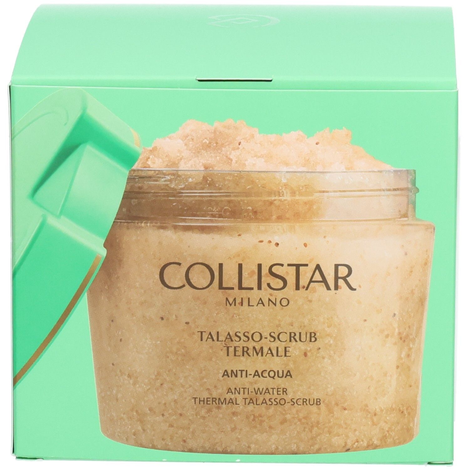 Produktverpackung mit Behälter und Deckel. Aufschrift: Collistar. Produkttext: Talasso-Scrub Termale Anti-Acqua.