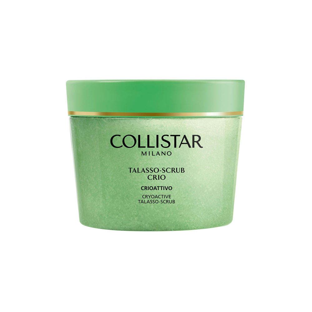 Collistar Talasso-Scrub Crio : pot vert avec couvercle, rempli de gommage vert clair.
