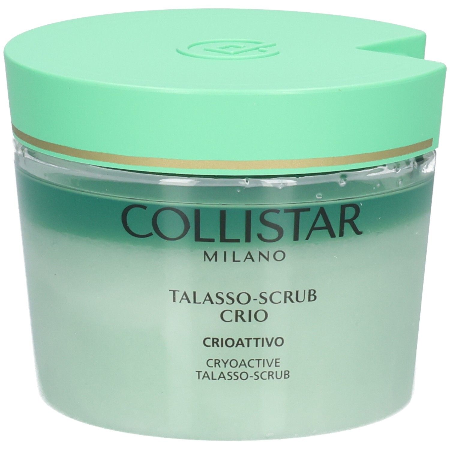Collistar Talasso-Scrub Crio: grüner Behälter mit Deckel, gefüllt mit hellgrünem Scrub.