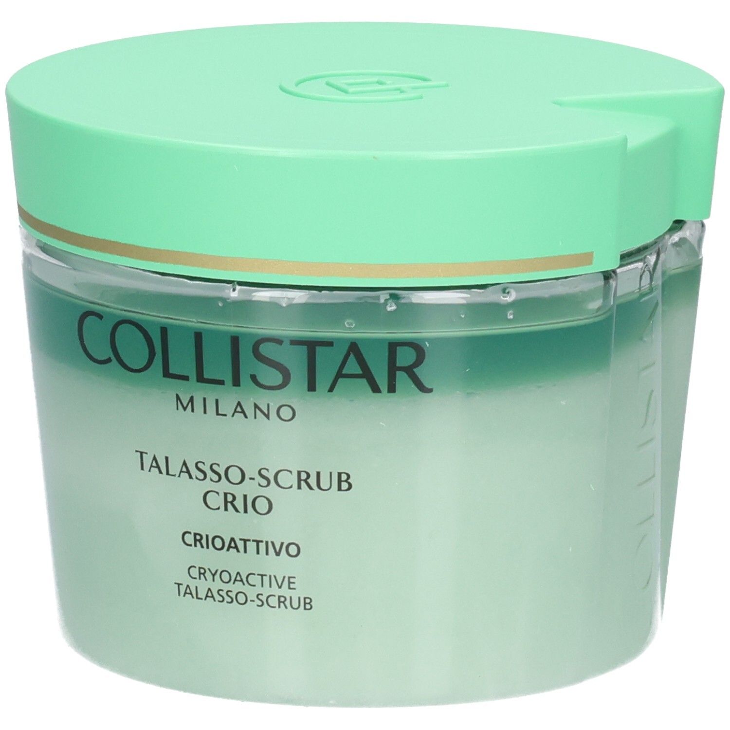 Collistar Talasso-Scrub Crio: grüner Behälter mit Deckel, gefüllt mit hellgrünem Scrub.