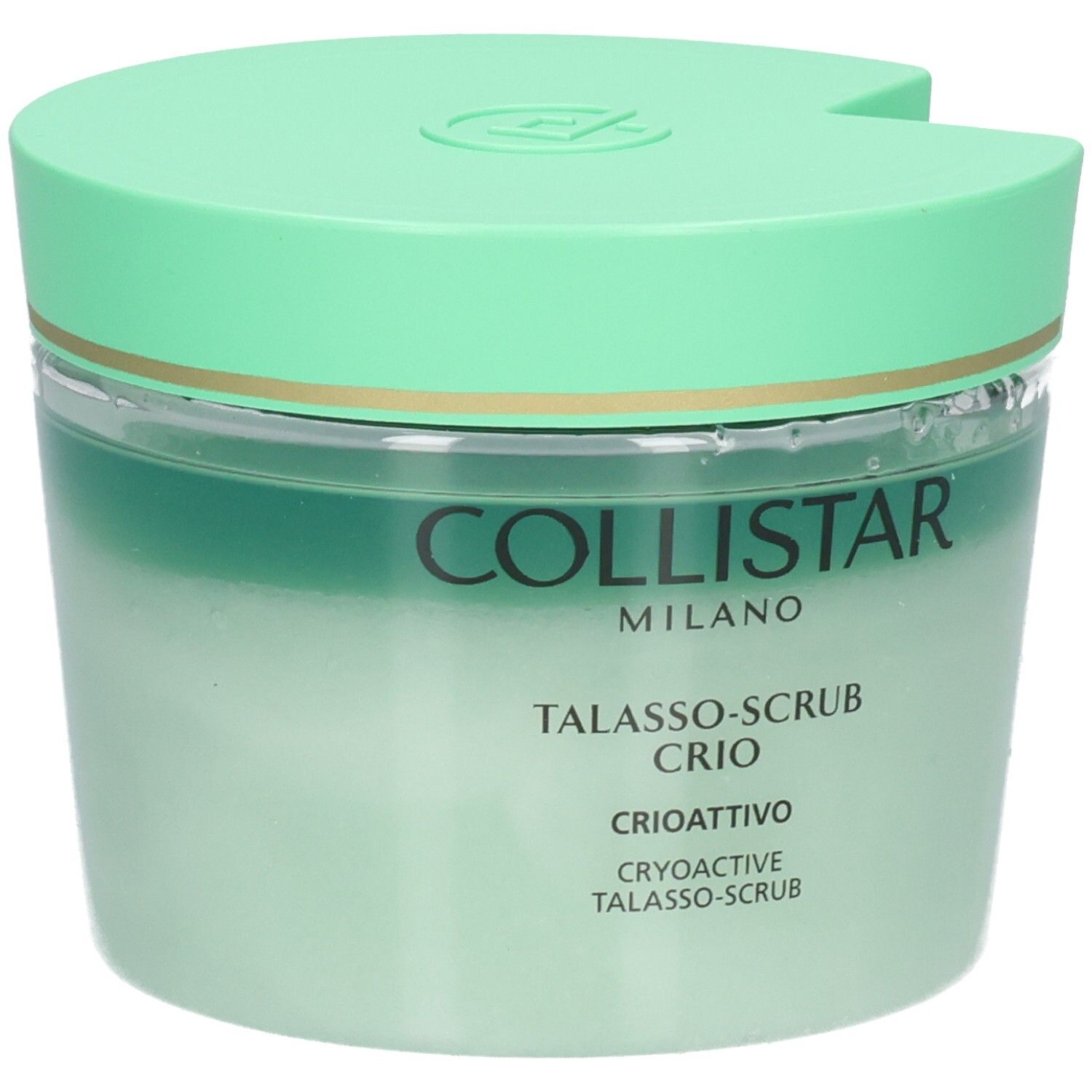 Collistar Talasso-Scrub Crio: grüner Behälter mit Deckel, gefüllt mit hellgrünem Scrub.