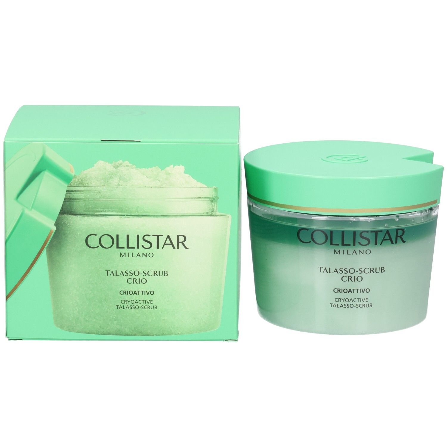 Collistar Talasso-Scrub Crio Behälter neben seiner grünen Verpackungsbox.