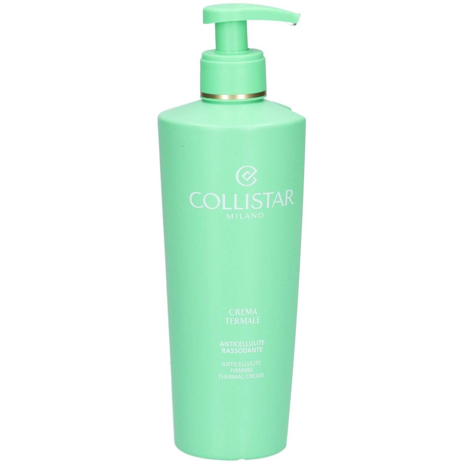 Collistar Creme mit Pumpspender. Grüne Flasche mit goldener Banderole.