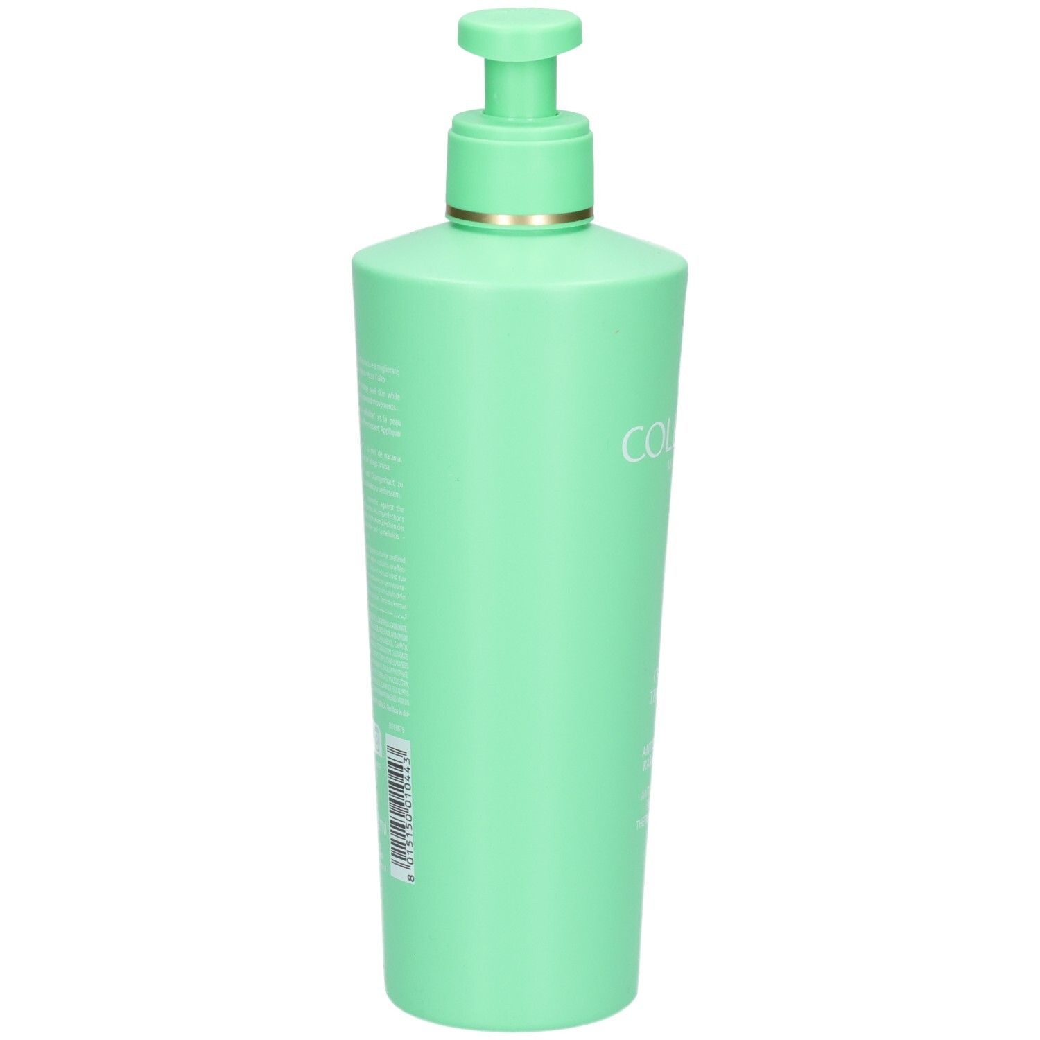 Rückseite einer grünen Collistar Creme-Flasche mit Pumpspender und Etikett.