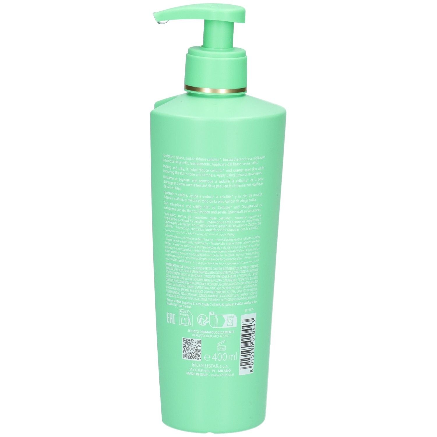 Rückseite einer grünen Collistar Creme-Flasche mit Pumpspender, Etikett und Barcode.