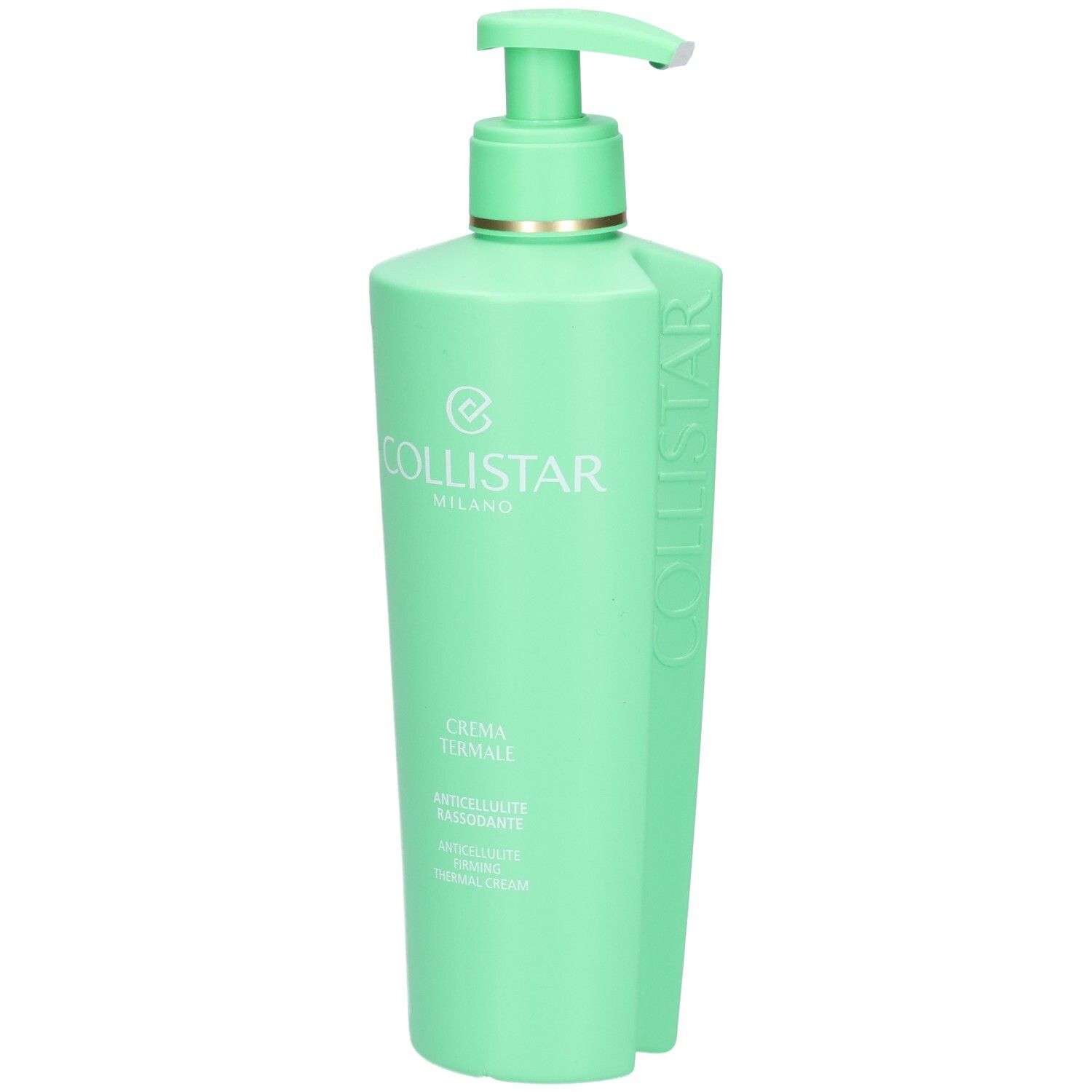 Collistar Creme mit Pumpspender. Grüne Flasche mit vertikalem Schriftzug.