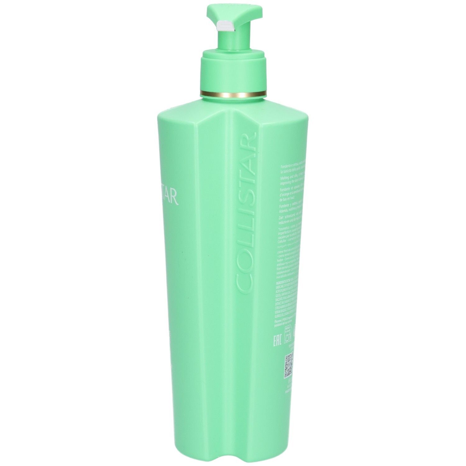 Seitenansicht einer grünen Collistar Creme-Flasche mit Pumpspender und vertikalem Schriftzug.