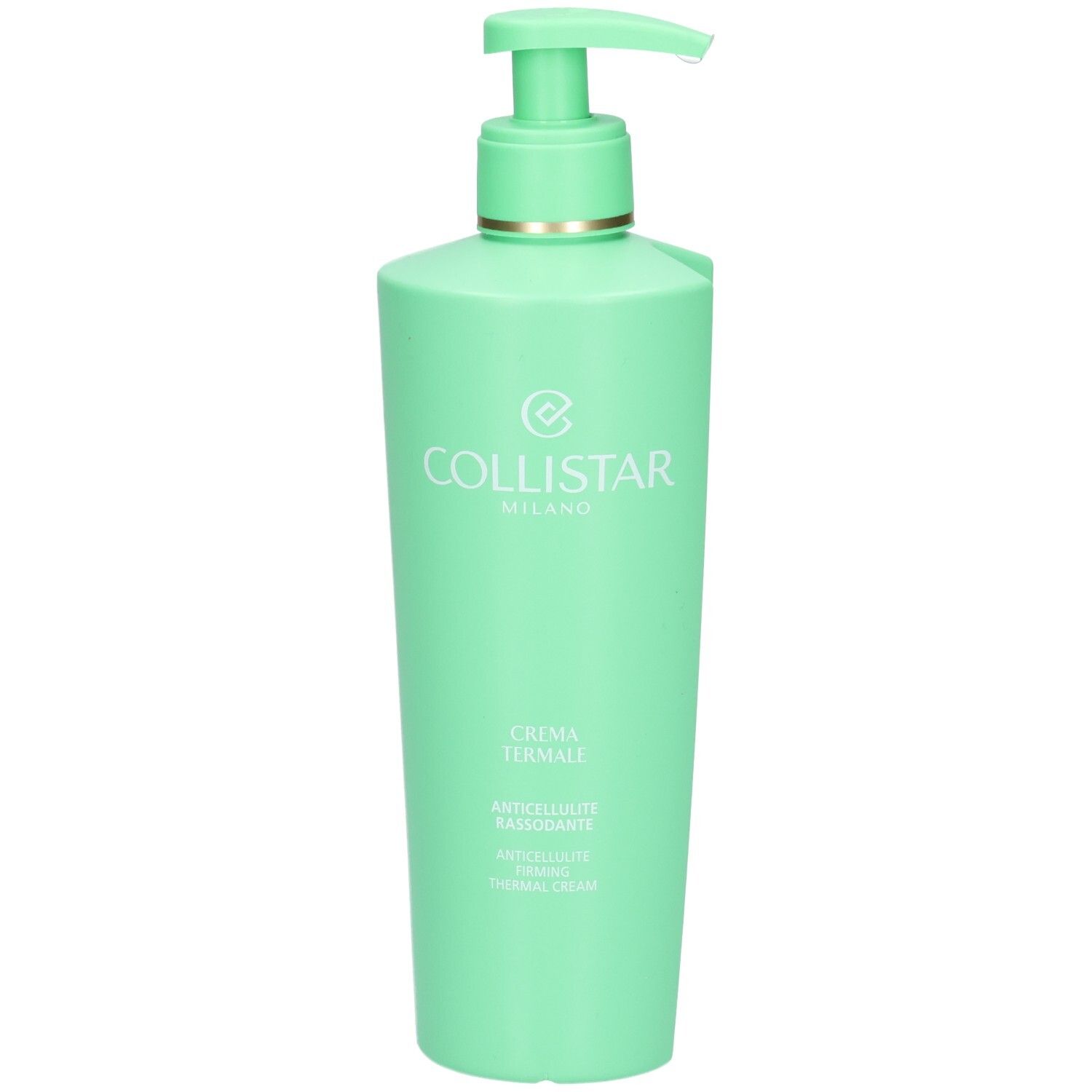 Collistar Creme mit Pumpspender. Grüne Flasche mit goldener Banderole und vertikalem Schriftzug.
