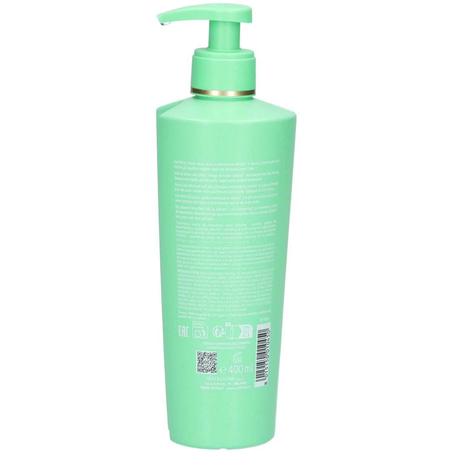 Rückseite eines grünen Pumpspenders mit Collistar Anticellulite Even Finish Cryo-Gel, Barcode und QR-Code.