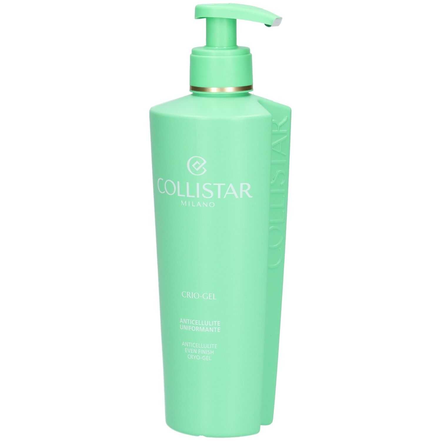 Grüner Pumpspender mit Collistar Anticellulite Even Finish Cryo-Gel, Vorderansicht.