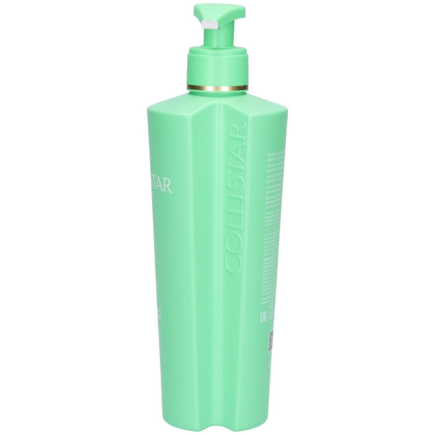 Seitenansicht eines grünen Pumpspenders mit Collistar Anticellulite Even Finish Cryo-Gel.
