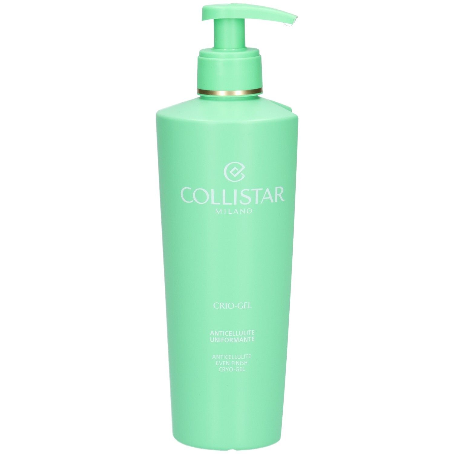 Grüner Pumpspender mit Collistar Anticellulite Even Finish Cryo-Gel, leicht schräg von vorne.