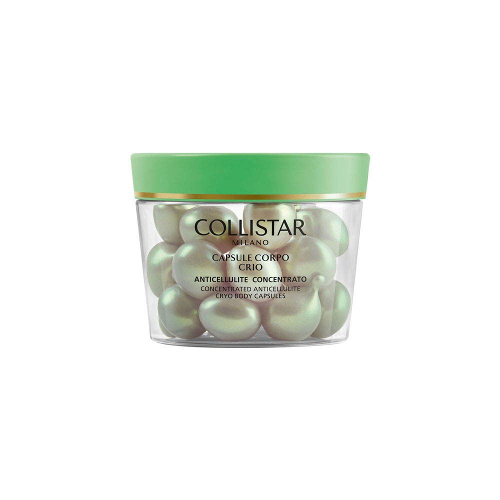 Récipient transparent avec de nombreuses capsules vertes et le nom Collistar.