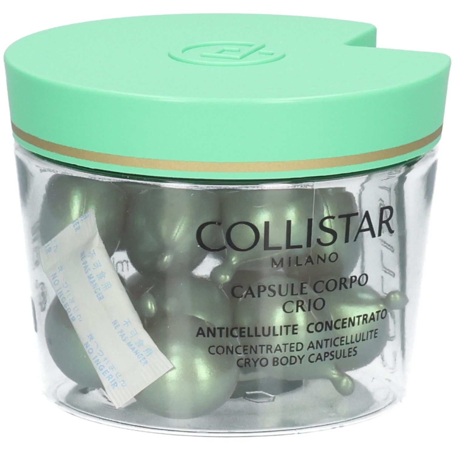 Behälter mit vielen grünen Kapseln und dem Markennamen Collistar.