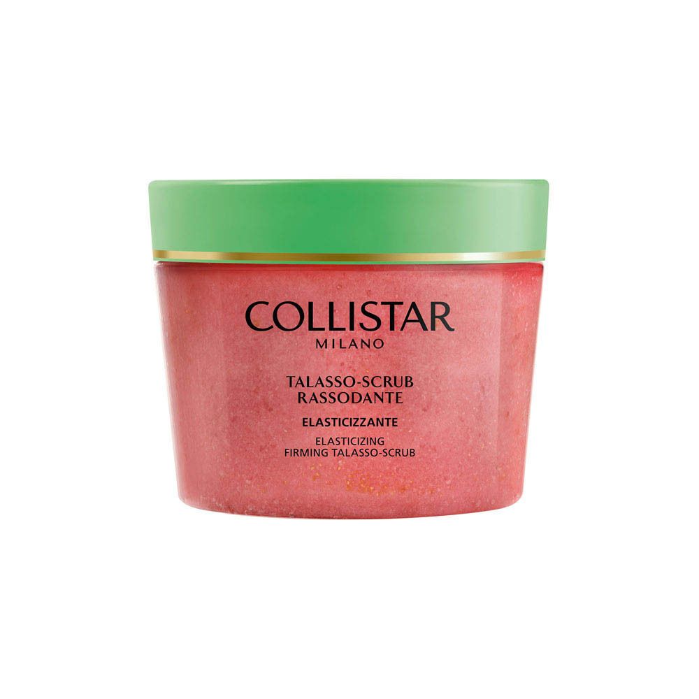 Récipient avec couvercle vert, étiqueté Collistar Talasso-Scrub.