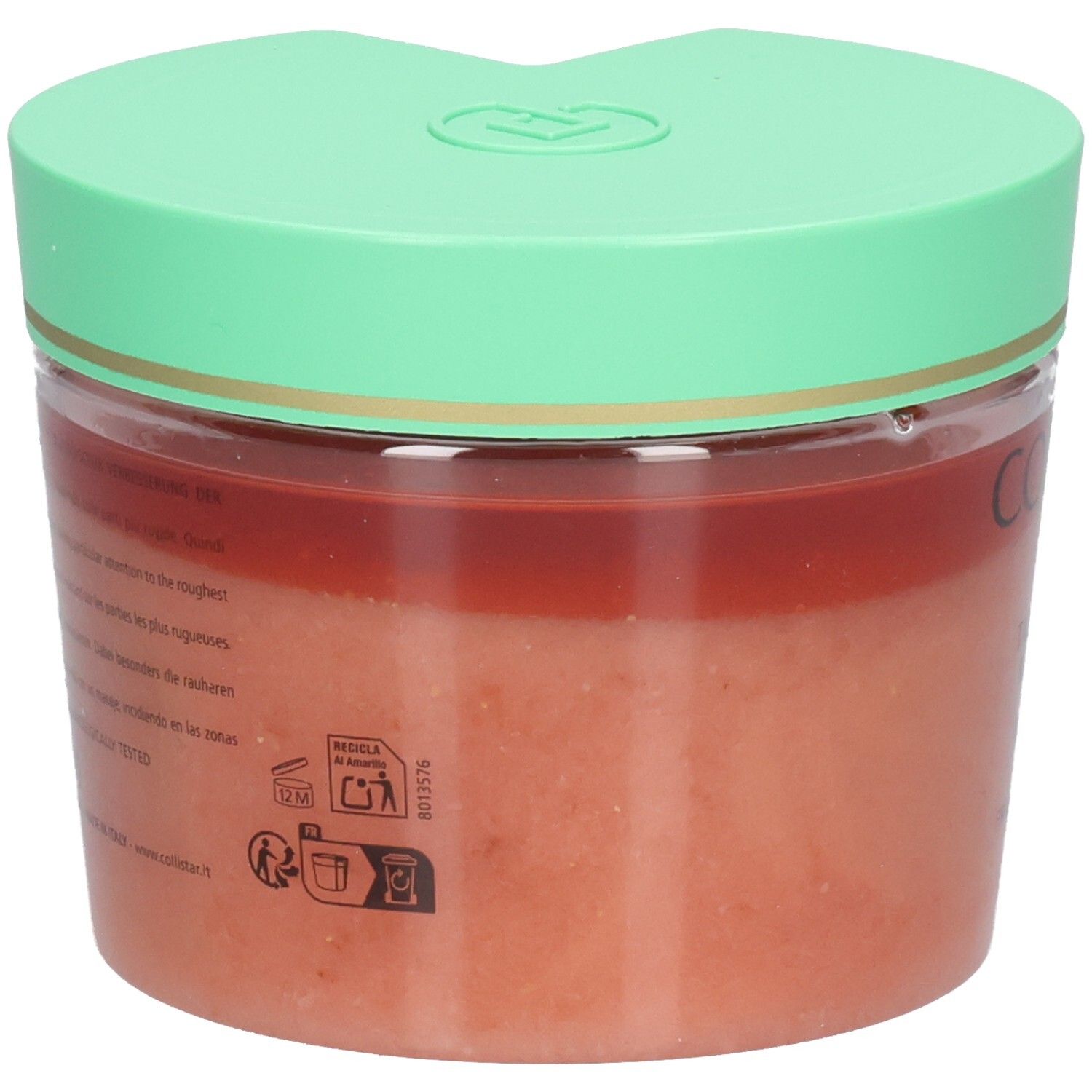 Runder Behälter mit grünem Deckel, enthält ein rosafarbenes Peeling.