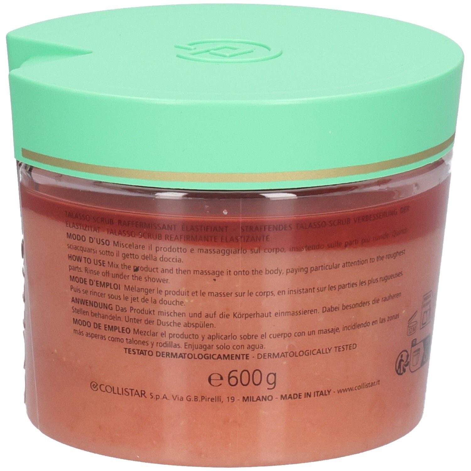 Rückseite eines Behälters mit Produktinformationen und 600g Angabe.