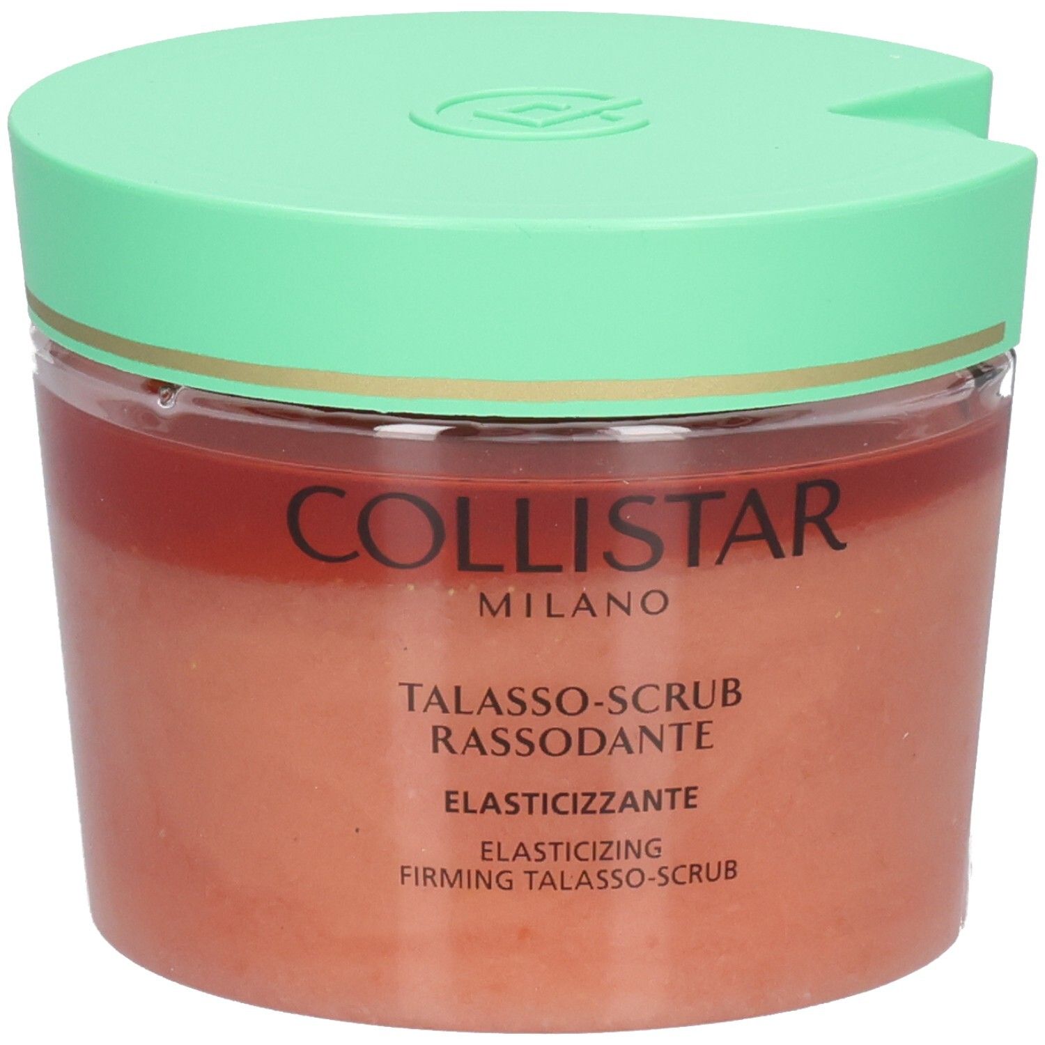 Behälter mit grünem Deckel, beschriftet mit Collistar Talasso-Scrub.