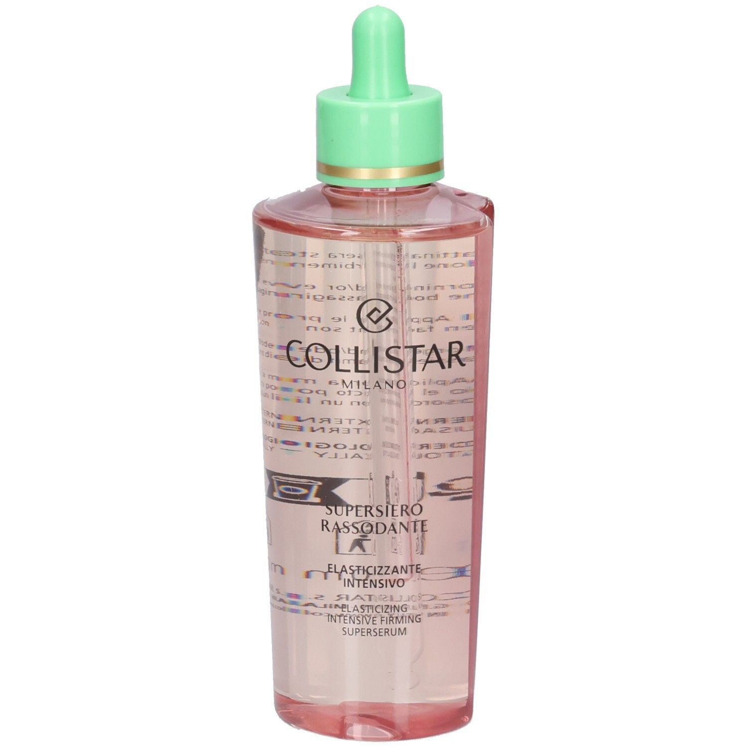 Collistar Supersiero mit Pipette, rosa Flüssigkeit, grüner Verschluss.