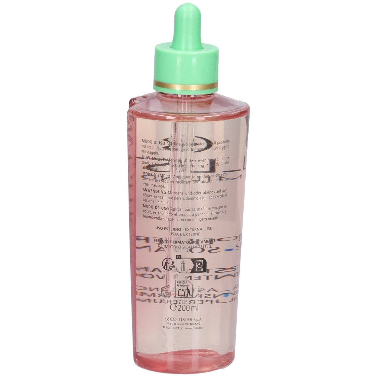 Collistar Supersiero Rückseite, rosa Flüssigkeit, Pipette, grüner Verschluss.
